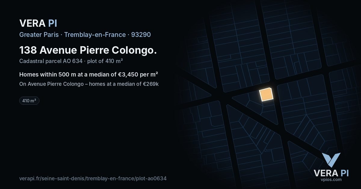138 Avenue Pierre Colongo, Tremblay-en-France at night – the plot lit, the parcels around coloured by the prices near them
