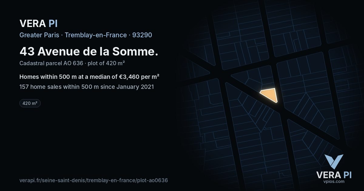 43 Avenue de la Somme, Tremblay-en-France at night – the plot lit, the parcels around coloured by the prices near them