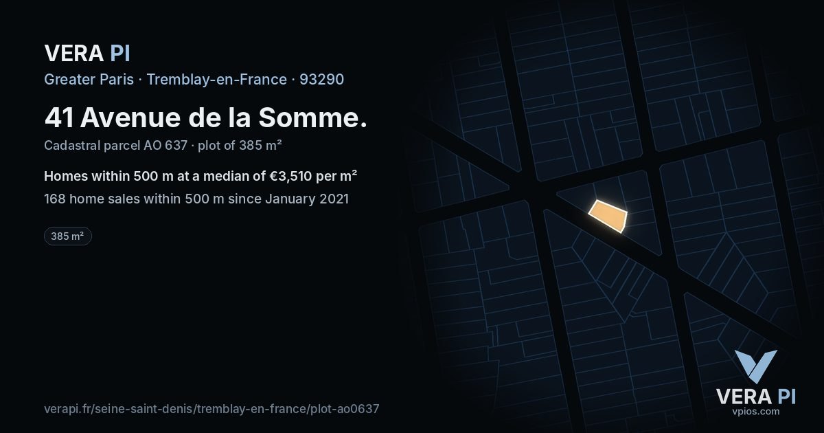 41 Avenue de la Somme, Tremblay-en-France at night – the plot lit, the parcels around coloured by the prices near them
