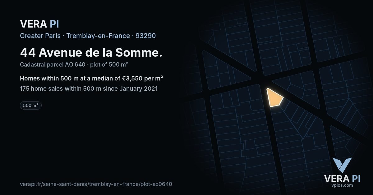 44 Avenue de la Somme, Tremblay-en-France at night – the plot lit, the parcels around coloured by the prices near them