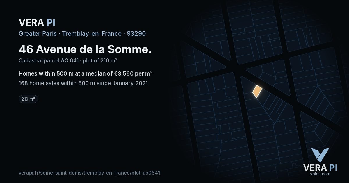 46 Avenue de la Somme, Tremblay-en-France at night – the plot lit, the parcels around coloured by the prices near them