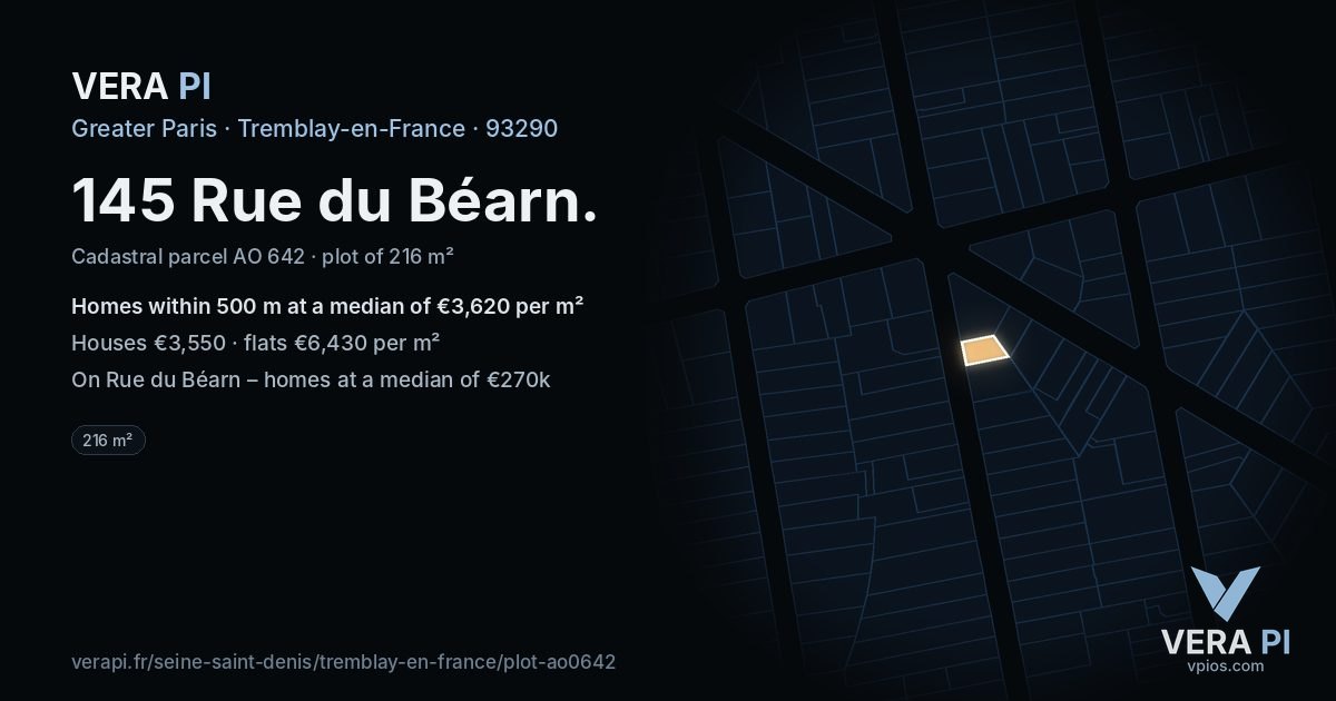 145 Rue du Béarn, Tremblay-en-France at night – the plot lit, the parcels around coloured by the prices near them