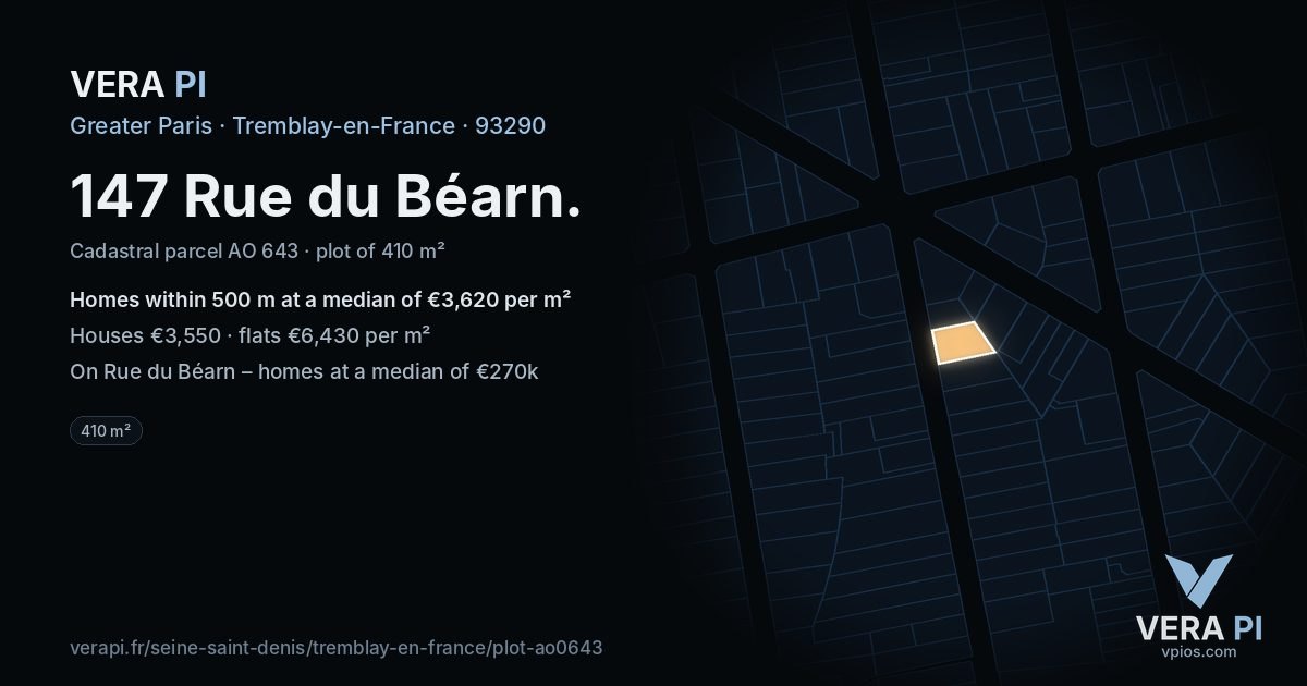 147 Rue du Béarn, Tremblay-en-France at night – the plot lit, the parcels around coloured by the prices near them