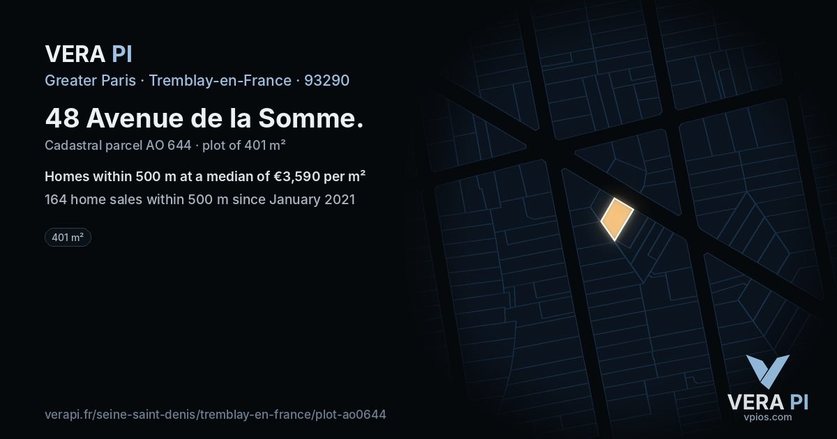 48 Avenue de la Somme, Tremblay-en-France at night – the plot lit, the parcels around coloured by the prices near them