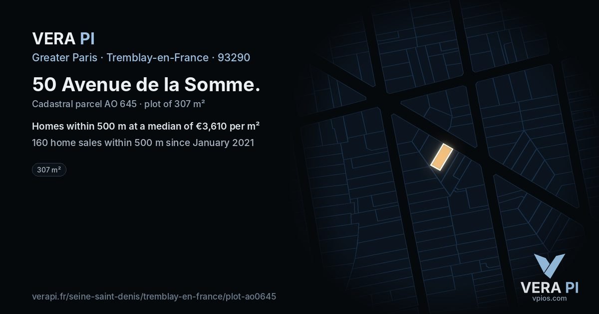 50 Avenue de la Somme, Tremblay-en-France at night – the plot lit, the parcels around coloured by the prices near them