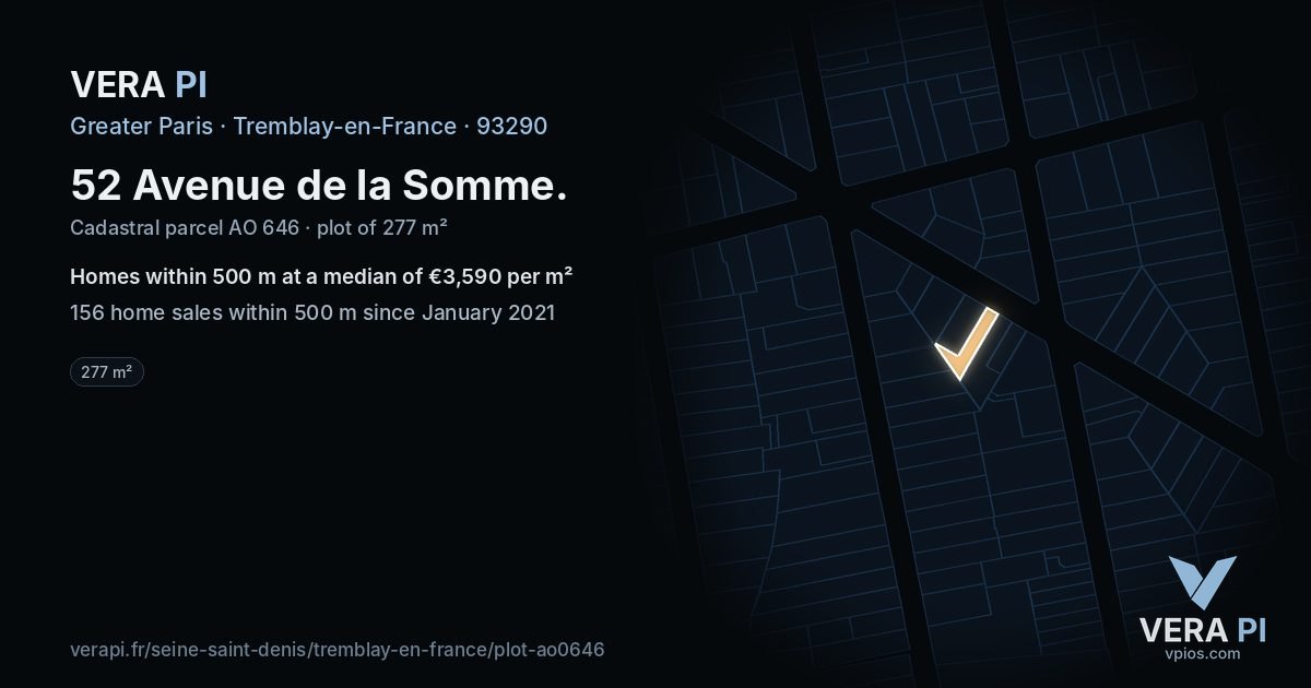 52 Avenue de la Somme, Tremblay-en-France at night – the plot lit, the parcels around coloured by the prices near them