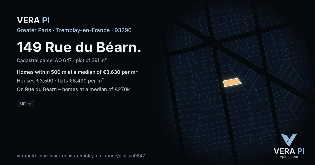 149 Rue du Béarn, Tremblay-en-France at night – the plot lit, the parcels around coloured by the prices near them