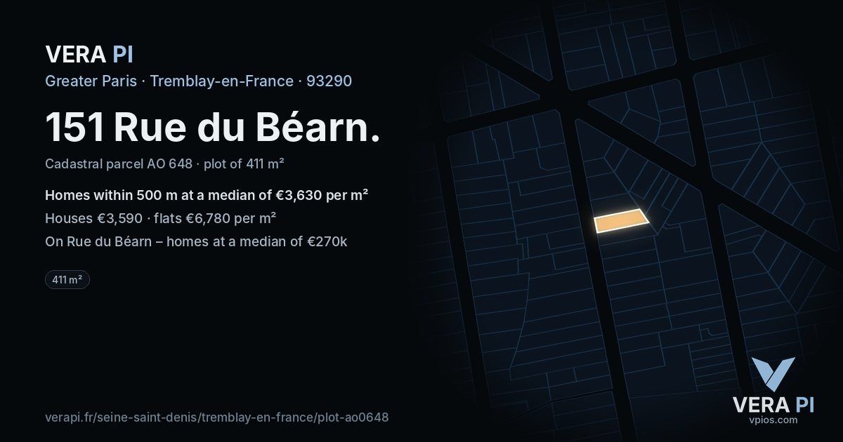 151 Rue du Béarn, Tremblay-en-France at night – the plot lit, the parcels around coloured by the prices near them