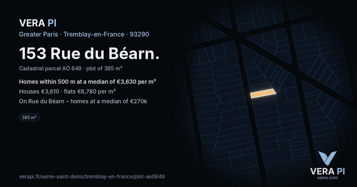 153 Rue du Béarn, Tremblay-en-France at night – the plot lit, the parcels around coloured by the prices near them
