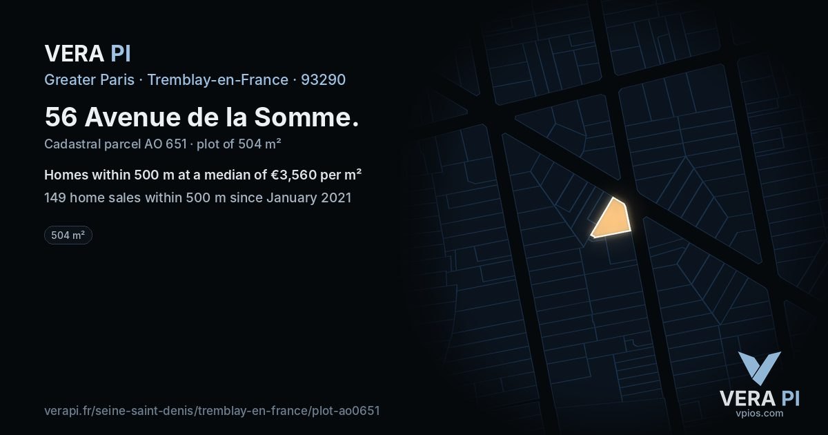 56 Avenue de la Somme, Tremblay-en-France at night – the plot lit, the parcels around coloured by the prices near them