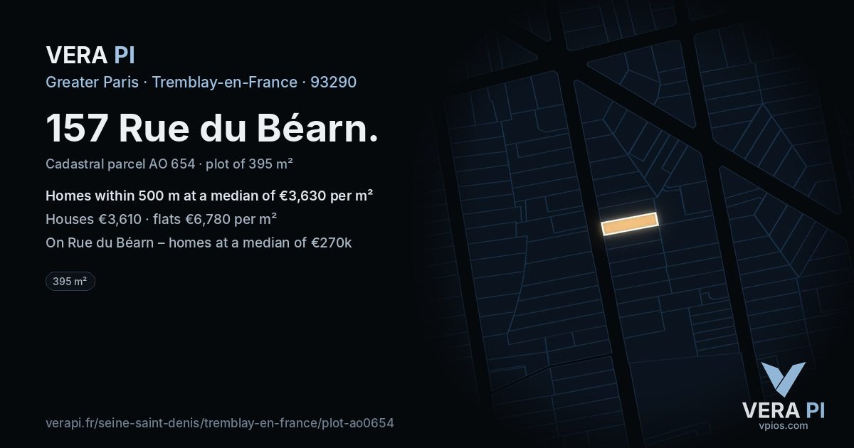 157 Rue du Béarn, Tremblay-en-France at night – the plot lit, the parcels around coloured by the prices near them