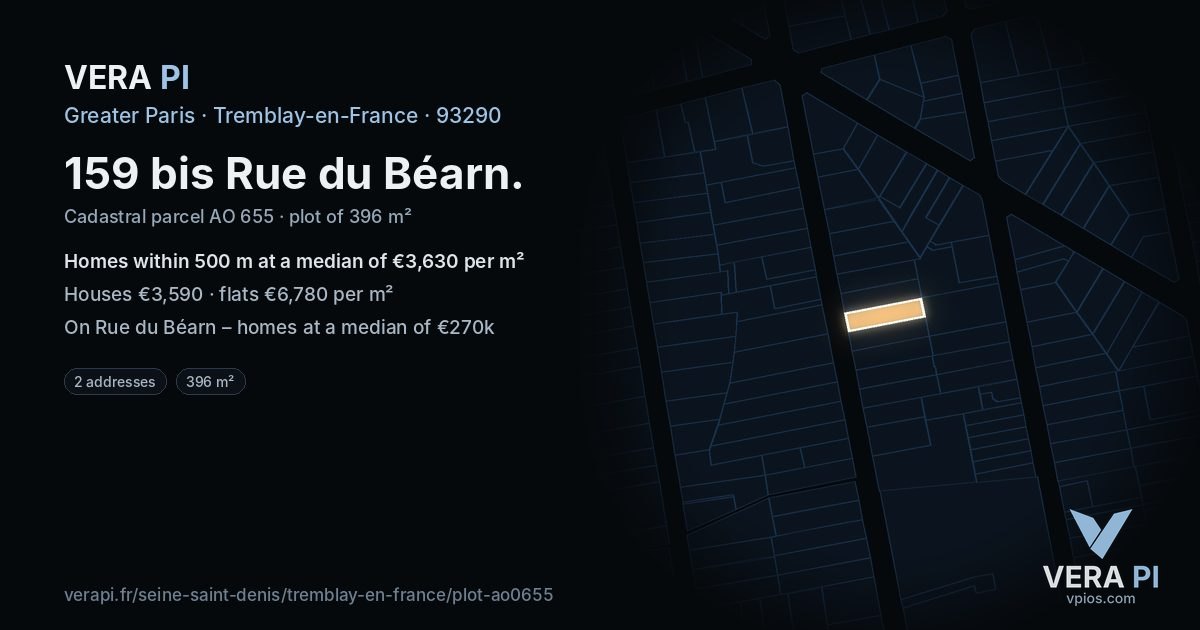 159 bis Rue du Béarn, Tremblay-en-France at night – the plot lit, the parcels around coloured by the prices near them