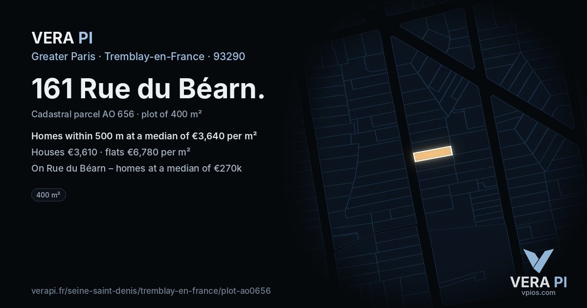 161 Rue du Béarn, Tremblay-en-France at night – the plot lit, the parcels around coloured by the prices near them