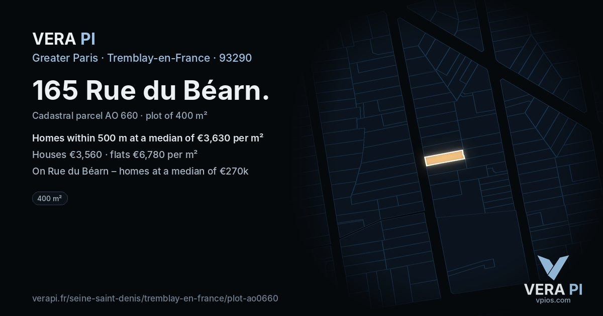 165 Rue du Béarn, Tremblay-en-France at night – the plot lit, the parcels around coloured by the prices near them