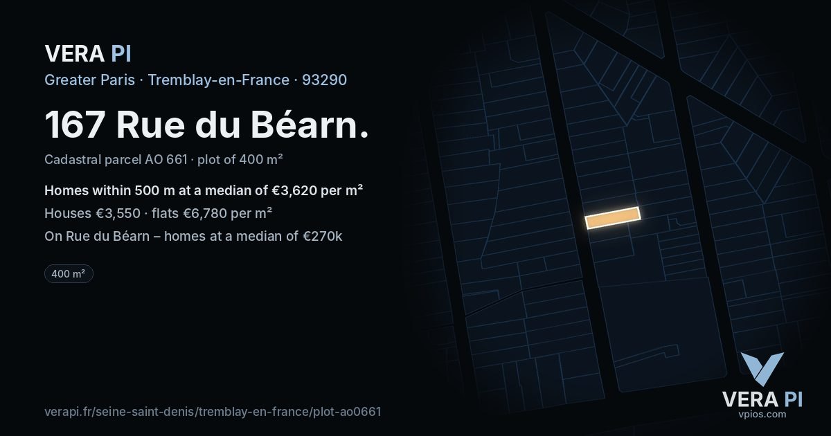 167 Rue du Béarn, Tremblay-en-France at night – the plot lit, the parcels around coloured by the prices near them