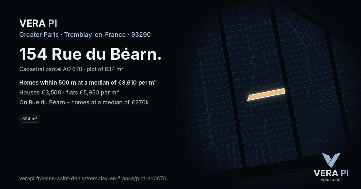 154 Rue du Béarn, Tremblay-en-France at night – the plot lit, the parcels around coloured by the prices near them