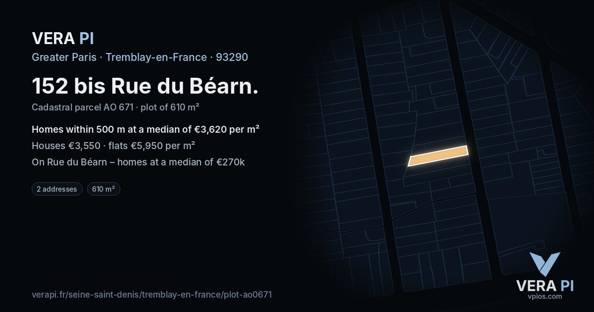 152 bis Rue du Béarn, Tremblay-en-France at night – the plot lit, the parcels around coloured by the prices near them