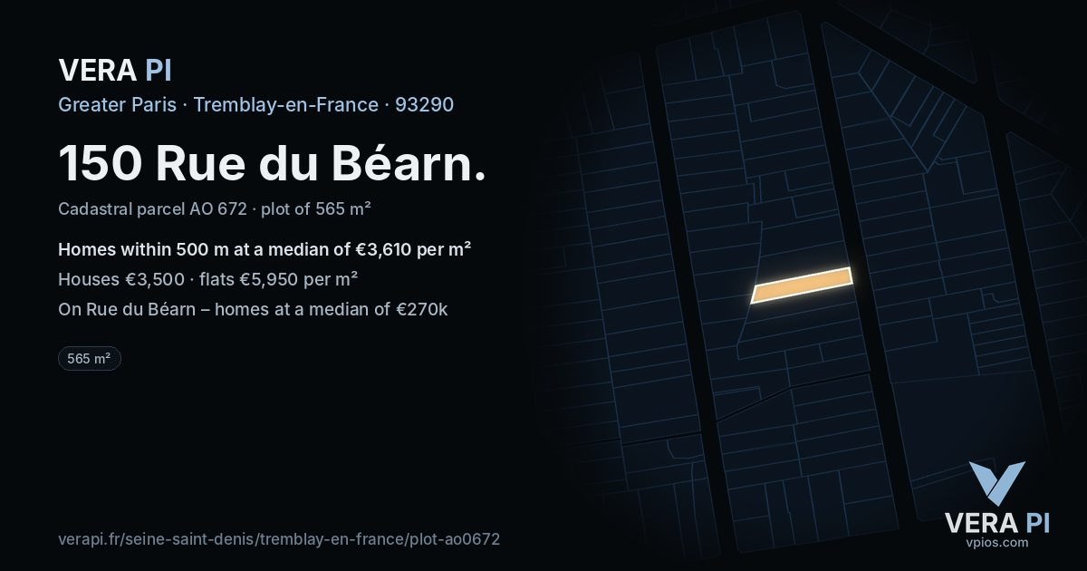 150 Rue du Béarn, Tremblay-en-France at night – the plot lit, the parcels around coloured by the prices near them