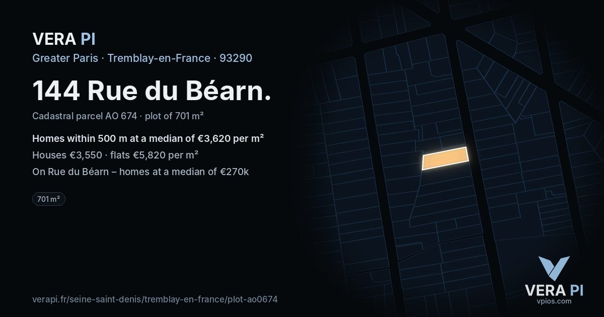 144 Rue du Béarn, Tremblay-en-France at night – the plot lit, the parcels around coloured by the prices near them