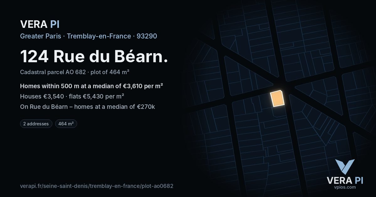 124 Rue du Béarn, Tremblay-en-France at night – the plot lit, the parcels around coloured by the prices near them