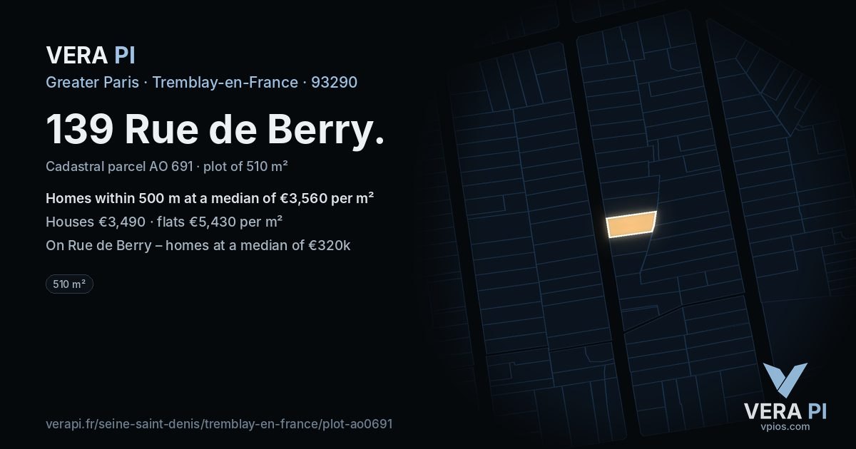 139 Rue de Berry, Tremblay-en-France at night – the plot lit, the parcels around coloured by the prices near them