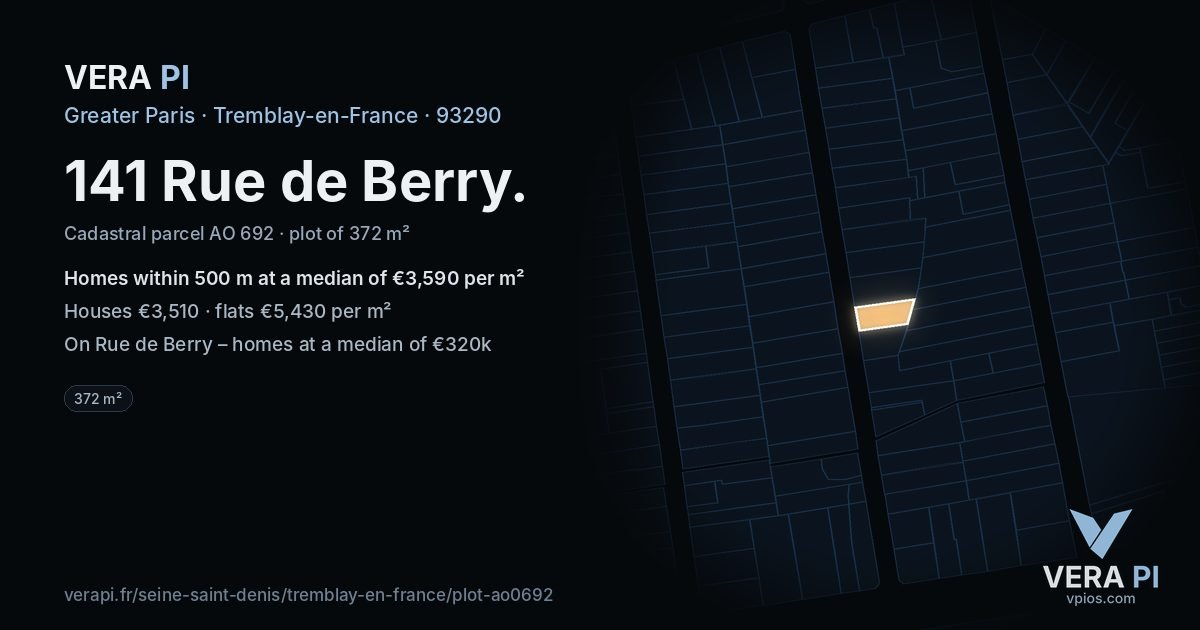 141 Rue de Berry, Tremblay-en-France at night – the plot lit, the parcels around coloured by the prices near them