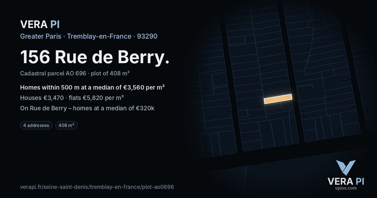 156 Rue de Berry, Tremblay-en-France at night – the plot lit, the parcels around coloured by the prices near them