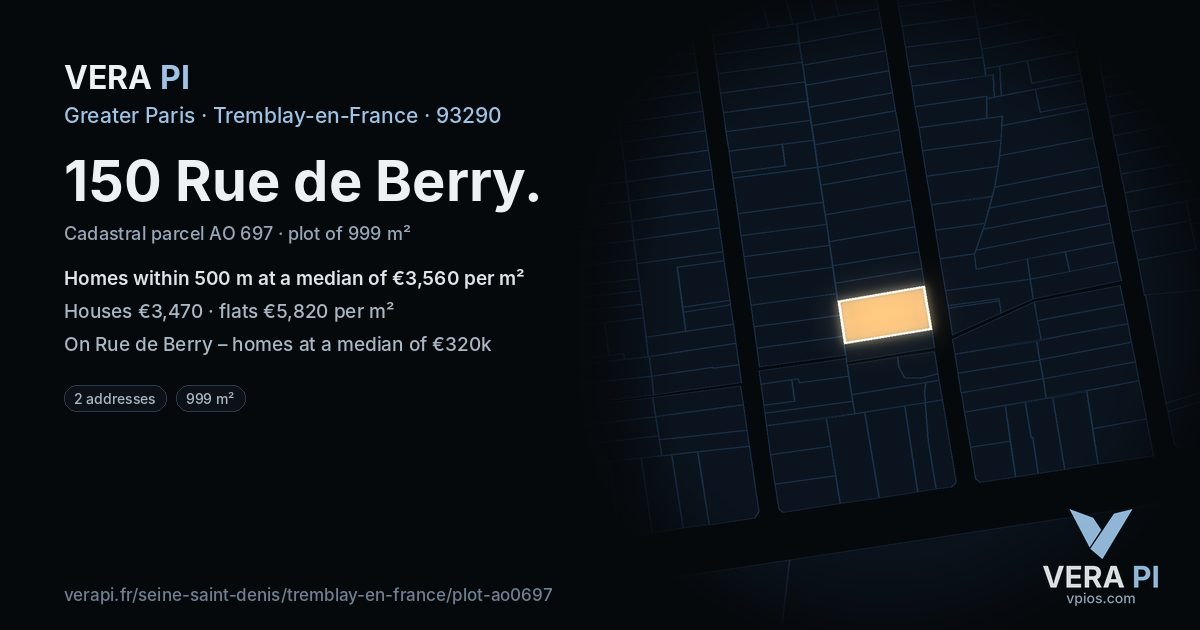 150 Rue de Berry, Tremblay-en-France at night – the plot lit, the parcels around coloured by the prices near them