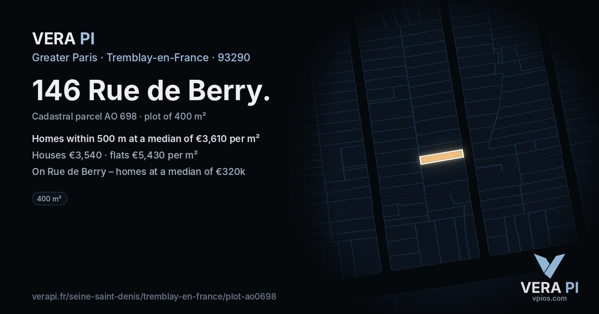 146 Rue de Berry, Tremblay-en-France at night – the plot lit, the parcels around coloured by the prices near them