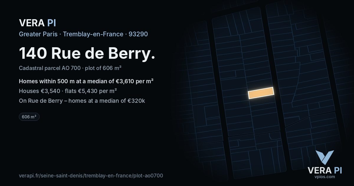 140 Rue de Berry, Tremblay-en-France at night – the plot lit, the parcels around coloured by the prices near them