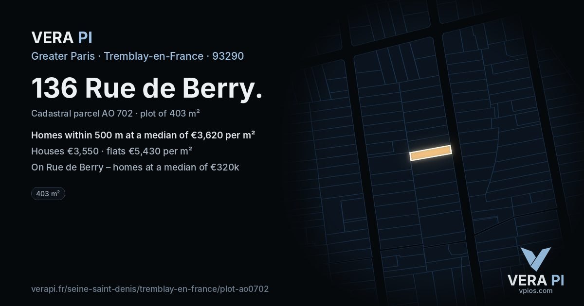 136 Rue de Berry, Tremblay-en-France at night – the plot lit, the parcels around coloured by the prices near them