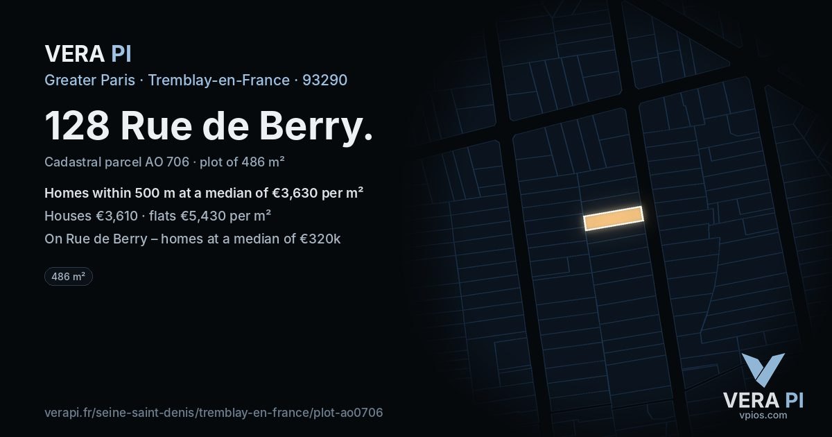 128 Rue de Berry, Tremblay-en-France at night – the plot lit, the parcels around coloured by the prices near them