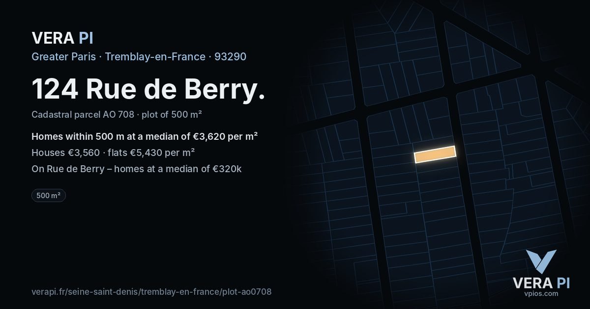 124 Rue de Berry, Tremblay-en-France at night – the plot lit, the parcels around coloured by the prices near them