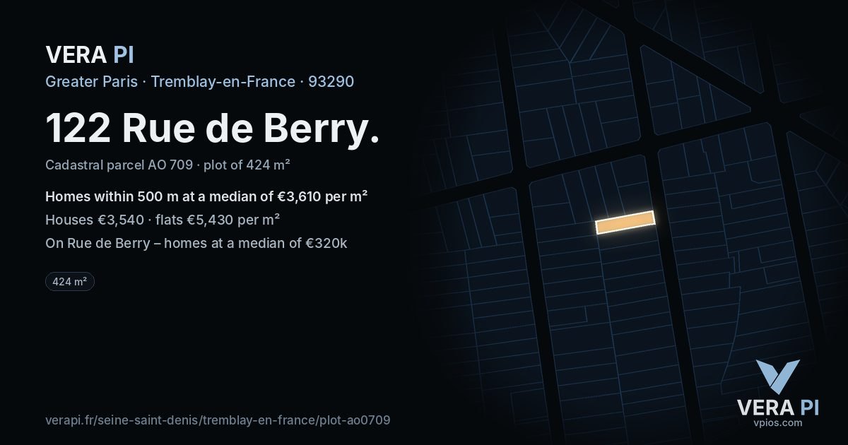 122 Rue de Berry, Tremblay-en-France at night – the plot lit, the parcels around coloured by the prices near them
