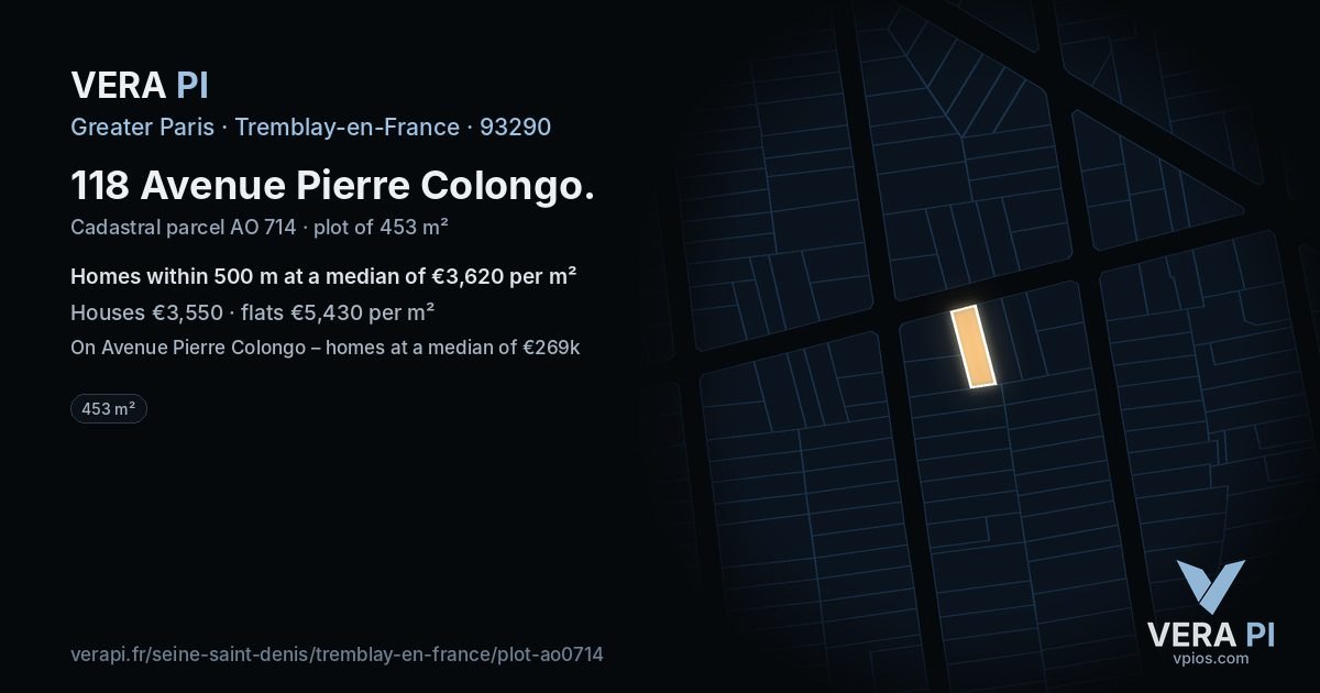 118 Avenue Pierre Colongo, Tremblay-en-France at night – the plot lit, the parcels around coloured by the prices near them
