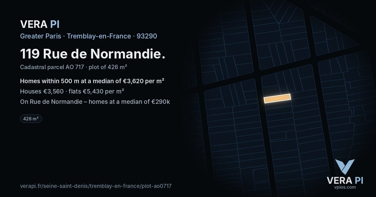 119 Rue de Normandie, Tremblay-en-France at night – the plot lit, the parcels around coloured by the prices near them