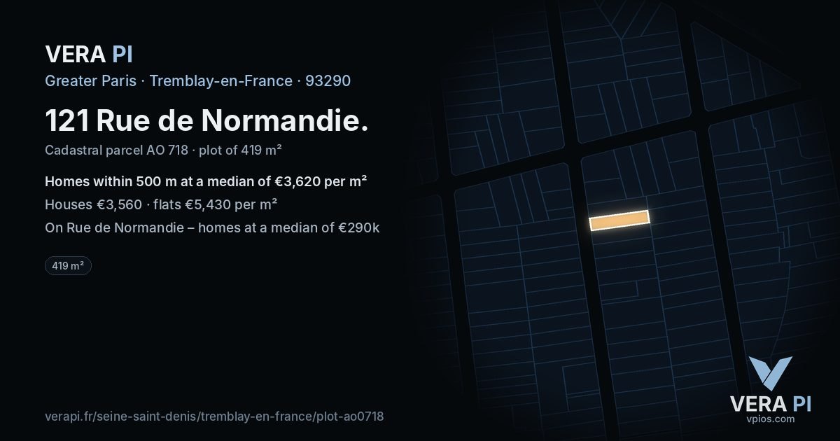 121 Rue de Normandie, Tremblay-en-France at night – the plot lit, the parcels around coloured by the prices near them