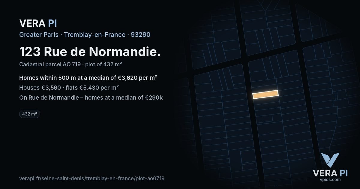 123 Rue de Normandie, Tremblay-en-France at night – the plot lit, the parcels around coloured by the prices near them