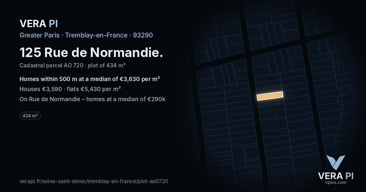 125 Rue de Normandie, Tremblay-en-France at night – the plot lit, the parcels around coloured by the prices near them