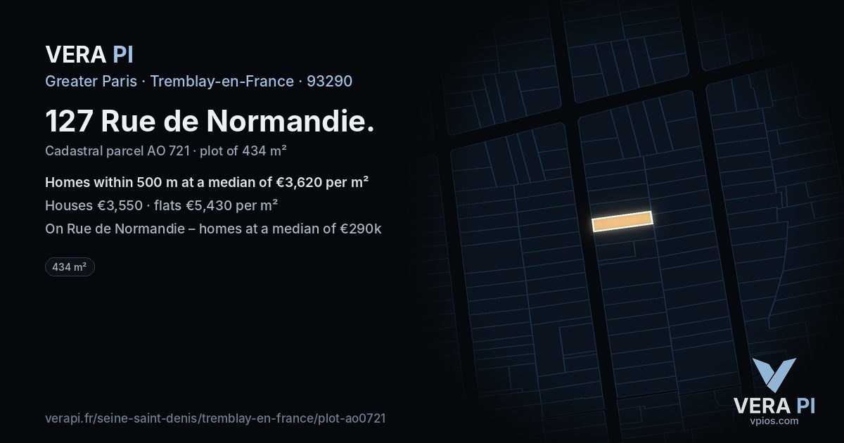 127 Rue de Normandie, Tremblay-en-France at night – the plot lit, the parcels around coloured by the prices near them