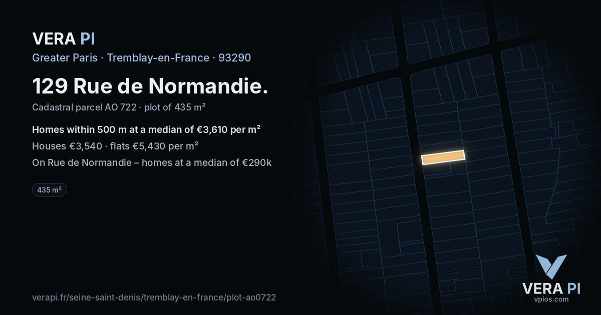 129 Rue de Normandie, Tremblay-en-France at night – the plot lit, the parcels around coloured by the prices near them