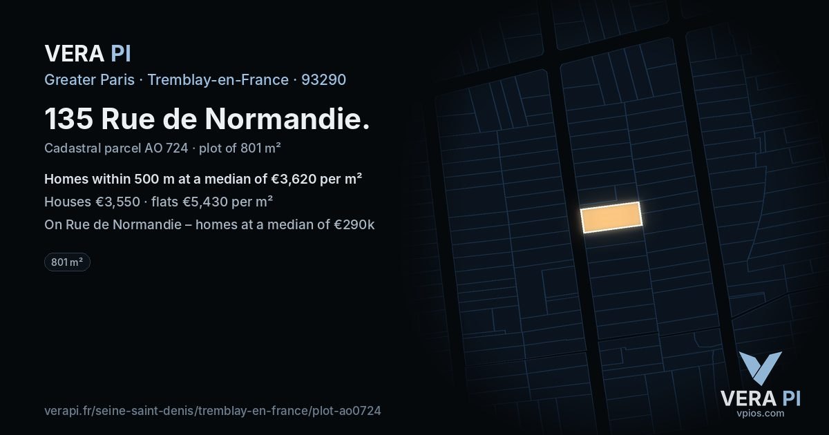 135 Rue de Normandie, Tremblay-en-France at night – the plot lit, the parcels around coloured by the prices near them
