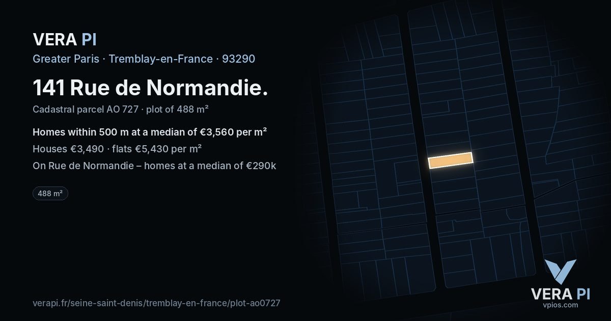 141 Rue de Normandie, Tremblay-en-France at night – the plot lit, the parcels around coloured by the prices near them