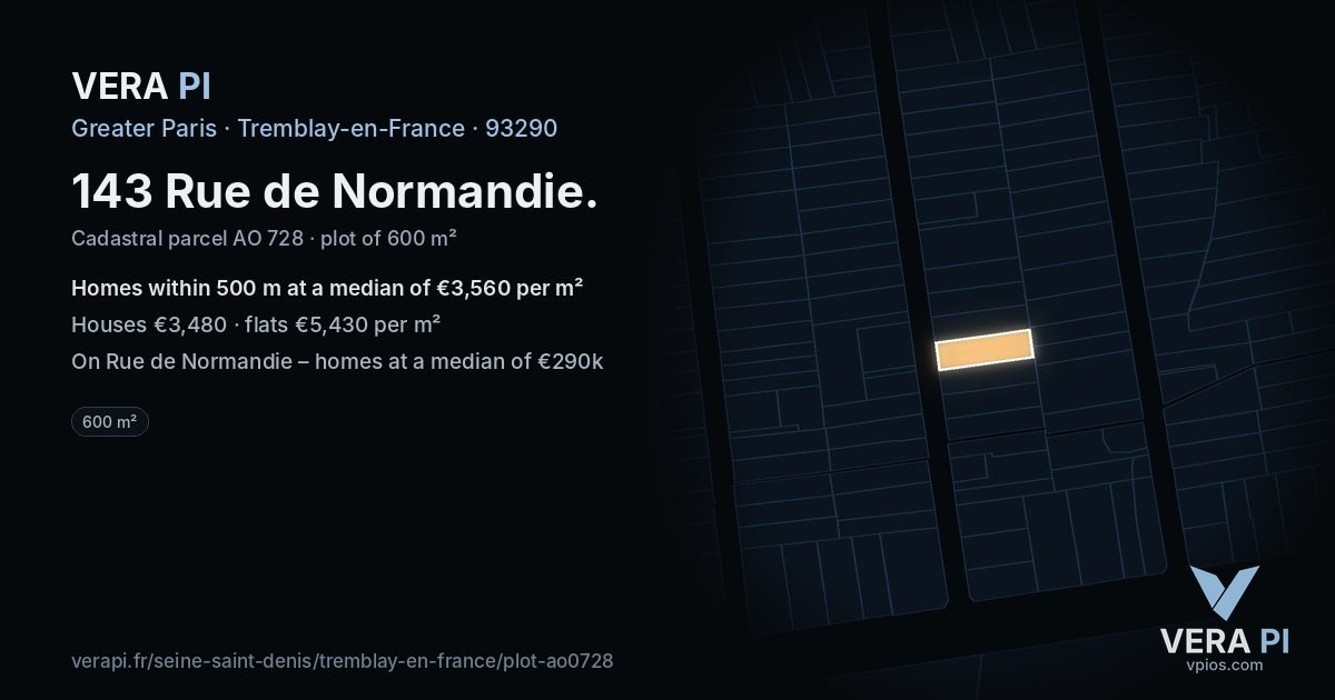 143 Rue de Normandie, Tremblay-en-France at night – the plot lit, the parcels around coloured by the prices near them