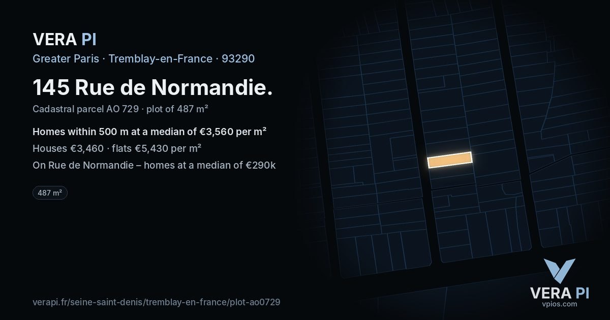 145 Rue de Normandie, Tremblay-en-France at night – the plot lit, the parcels around coloured by the prices near them
