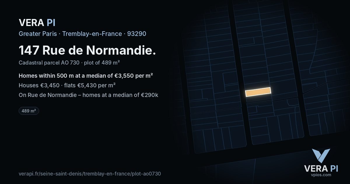 147 Rue de Normandie, Tremblay-en-France at night – the plot lit, the parcels around coloured by the prices near them
