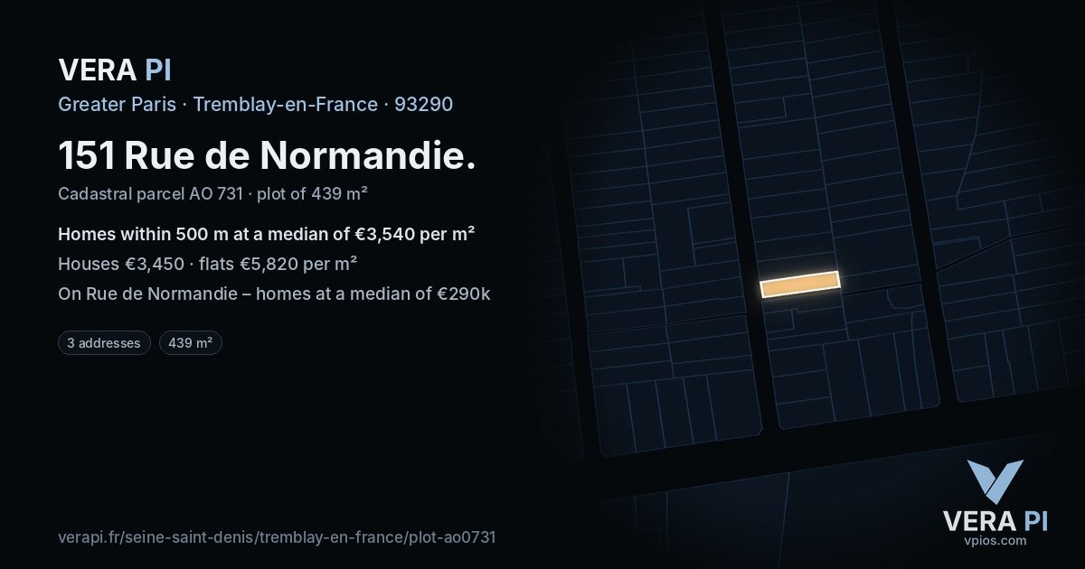 151 Rue de Normandie, Tremblay-en-France at night – the plot lit, the parcels around coloured by the prices near them