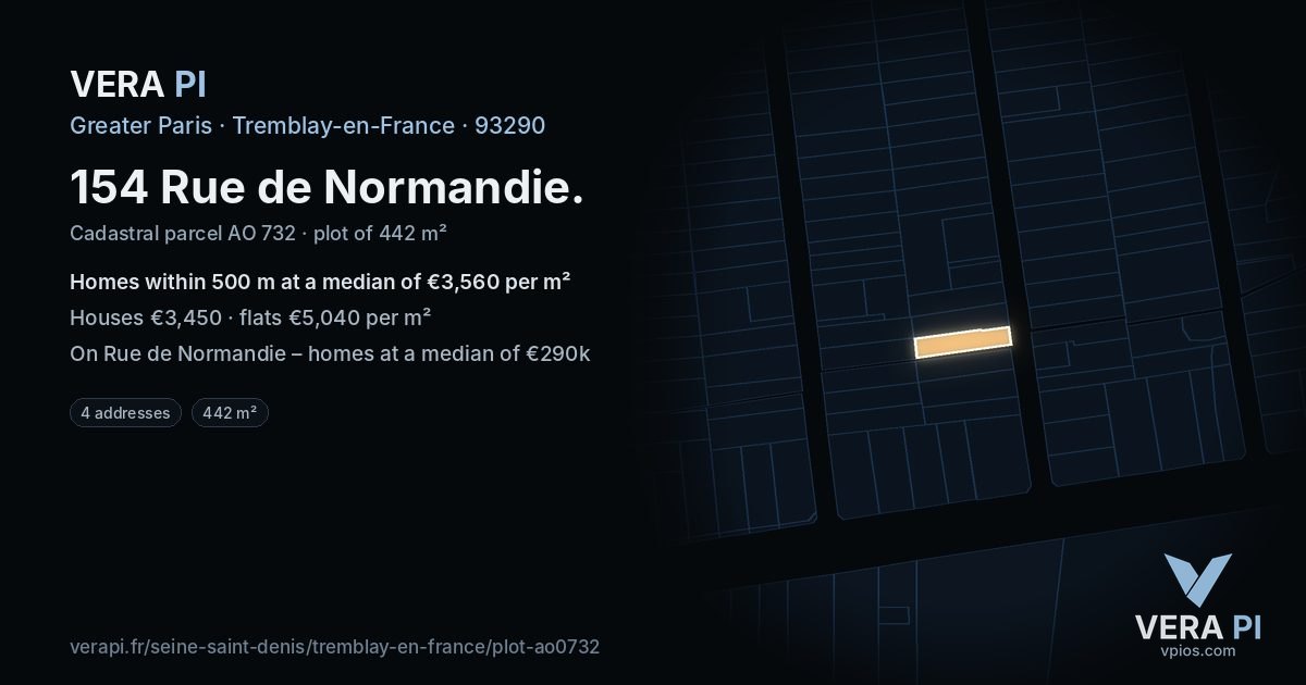 154 Rue de Normandie, Tremblay-en-France at night – the plot lit, the parcels around coloured by the prices near them