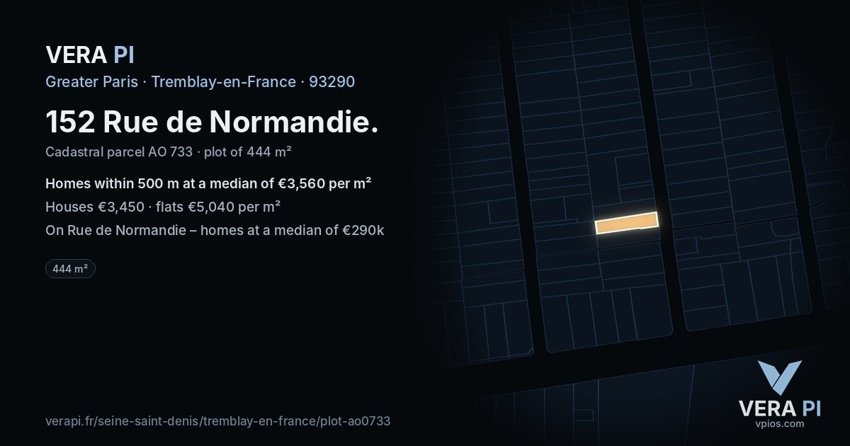 152 Rue de Normandie, Tremblay-en-France at night – the plot lit, the parcels around coloured by the prices near them