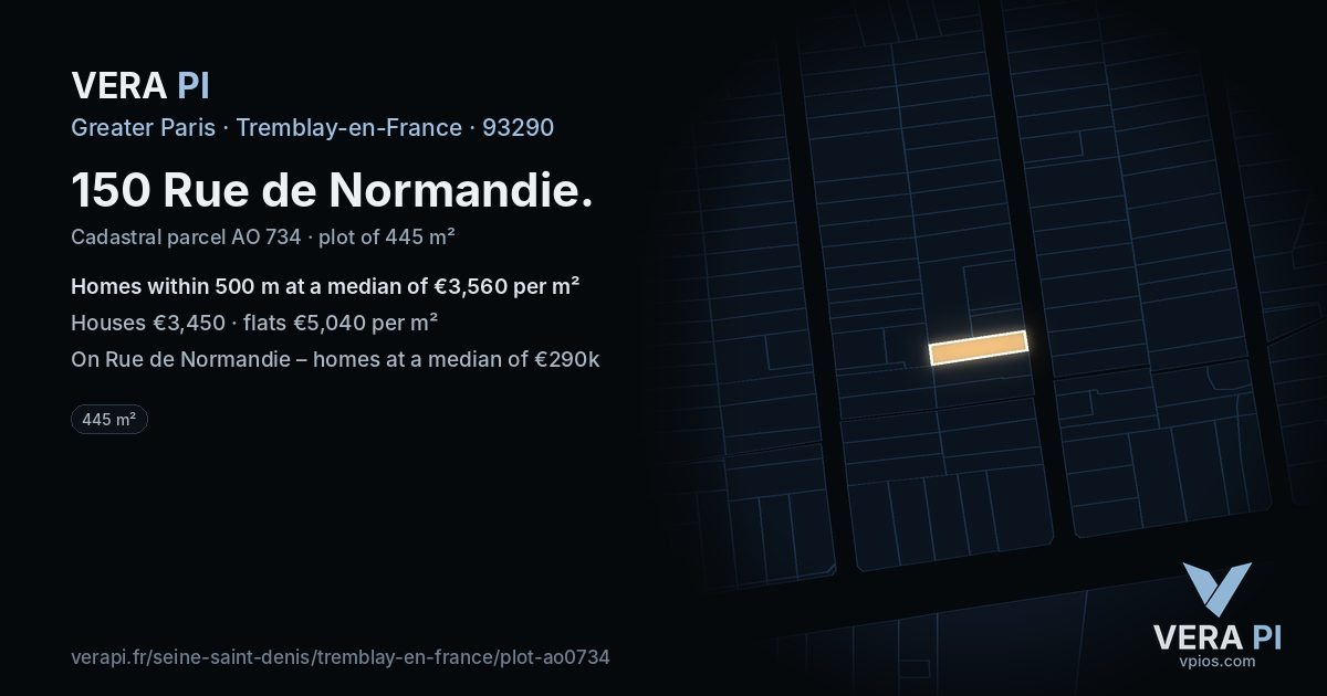 150 Rue de Normandie, Tremblay-en-France at night – the plot lit, the parcels around coloured by the prices near them